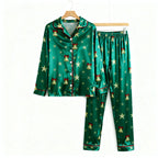 Holiday Family Button-down Green Satin Christmas Pajamas Set