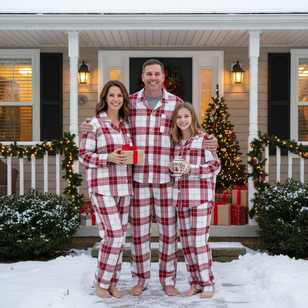 Matching Family Sleepwear Red White Plaid Christmas Pajamas Set