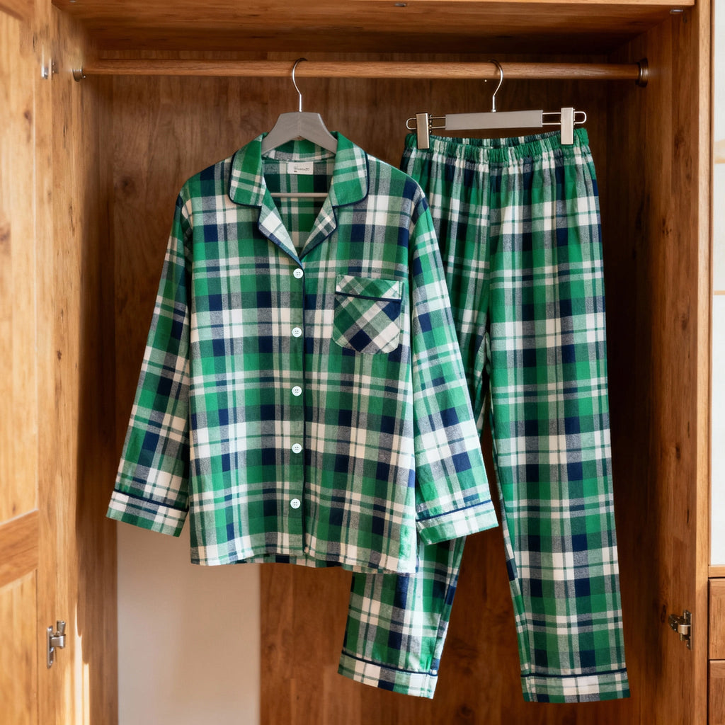 Matching Christmas Green Blue Plaid Button Up Family Pajamas Sets