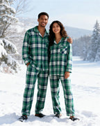 Matching Christmas Green Blue Plaid Button Up Couple Pajamas Sets