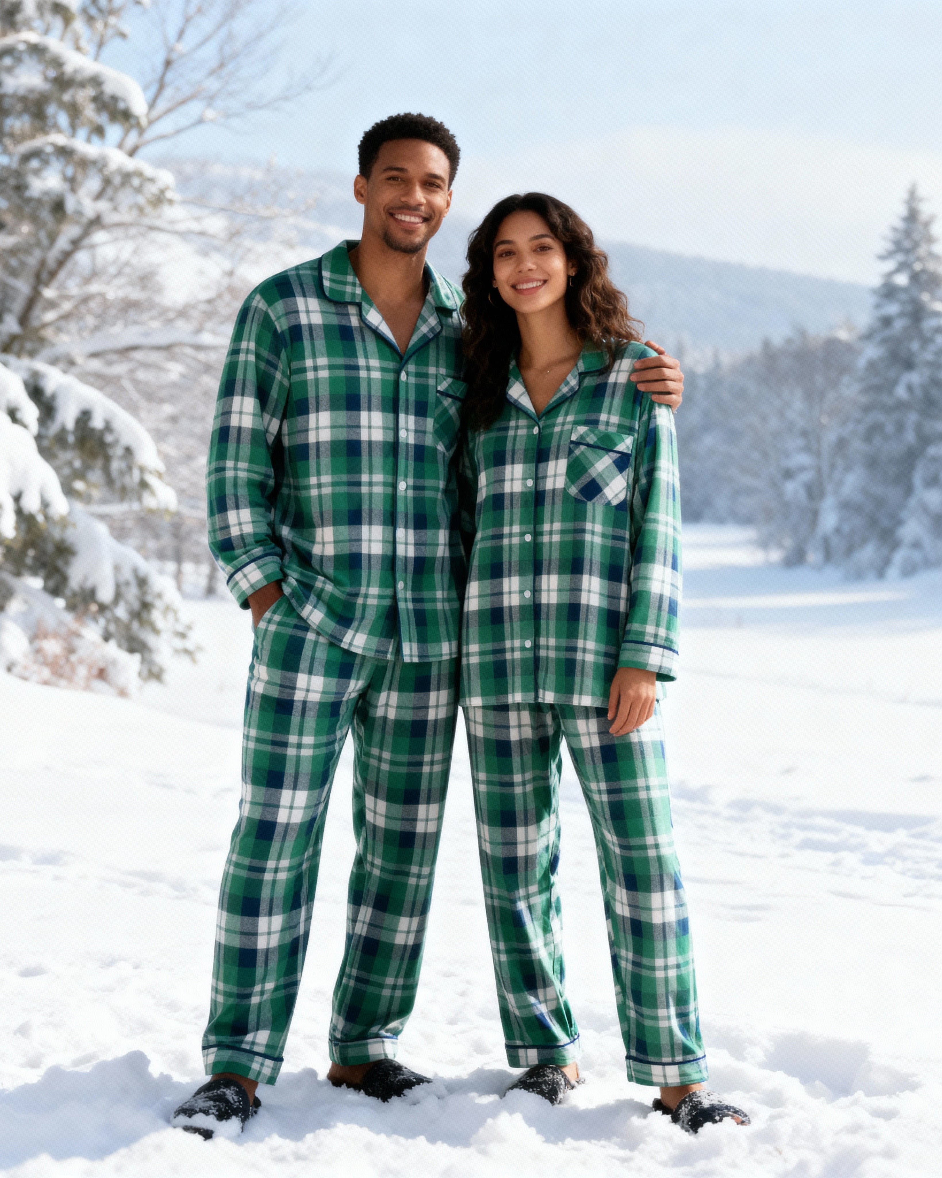 Matching Christmas Green Blue Plaid Button Up Family Pajamas Sets