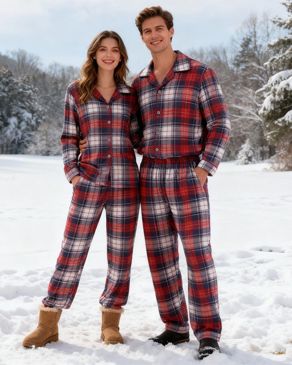 Cozy Button-Front Plaid Couple PJ Sets for Christmas