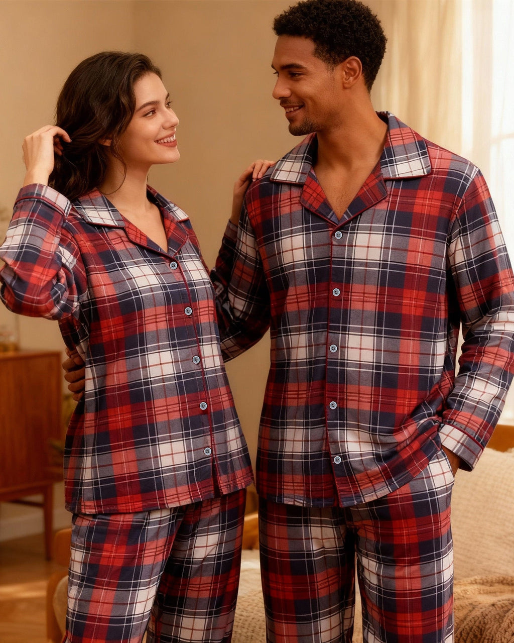 Cozy Button-Front Plaid Couple PJ Sets for Christmas