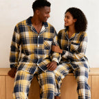 Matching Christmas Yellow and Blue Plaid Button Up Family Pajamas Sets