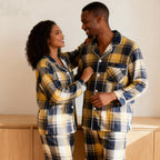 Matching Christmas Yellow and Blue Plaid Button Up Family Pajamas Sets