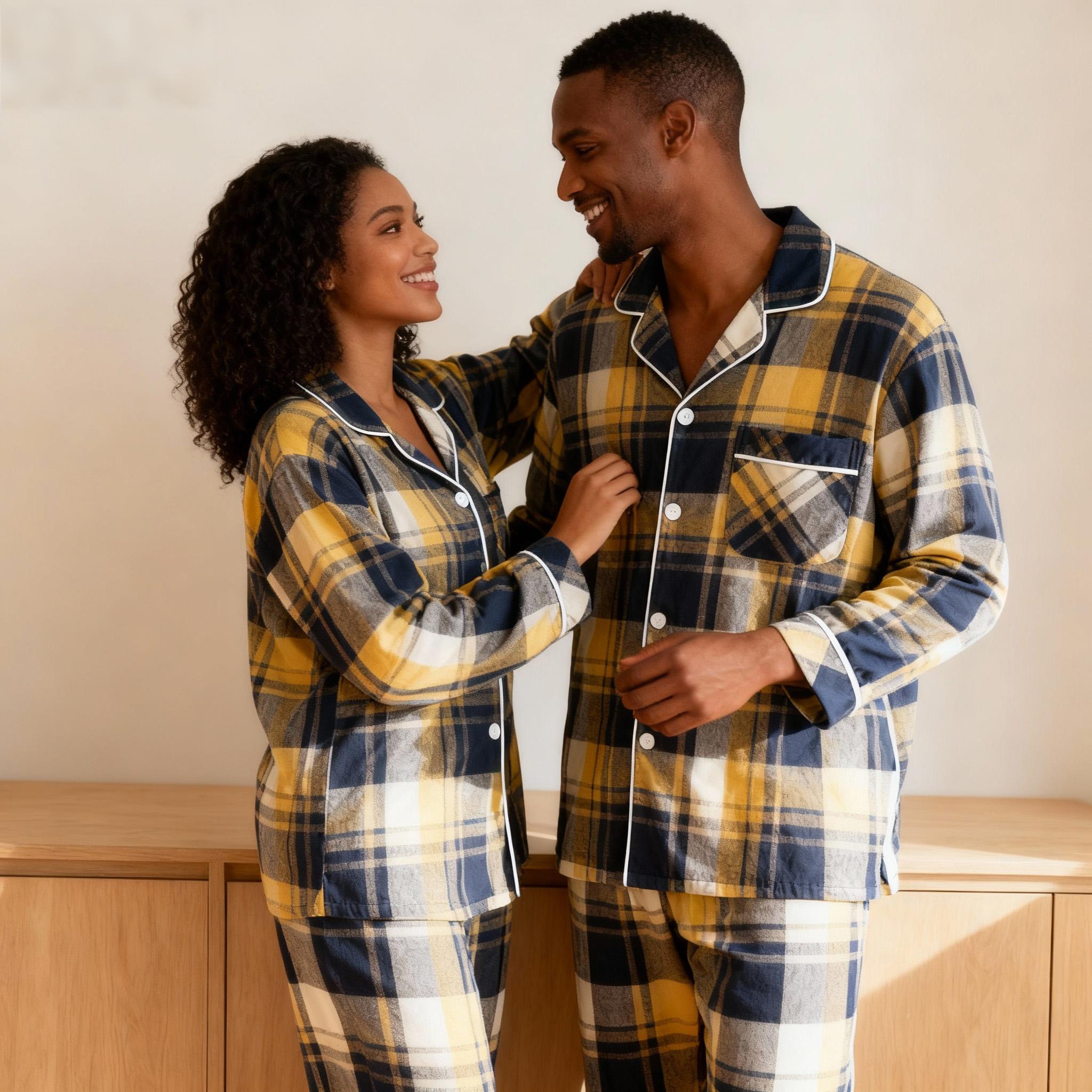 Matching Christmas Yellow and Blue Plaid Button Up Couple Pajamas Sets