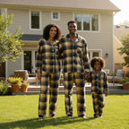 Matching Christmas Yellow and Blue Plaid Button Up Family Pajamas Sets