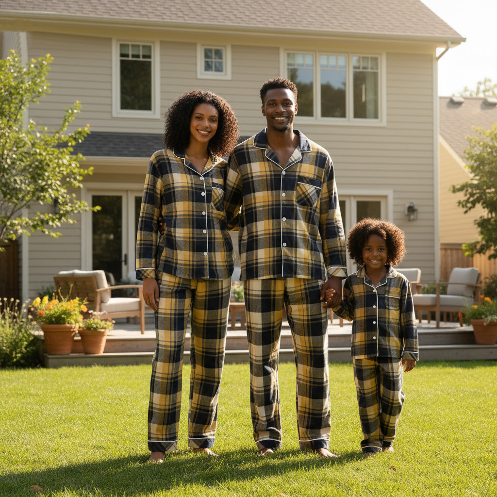 Matching Christmas Yellow and Blue Plaid Button Up Family Pajamas Sets