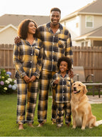 Matching Christmas Yellow and Blue Plaid Button Up Family Pajamas Sets