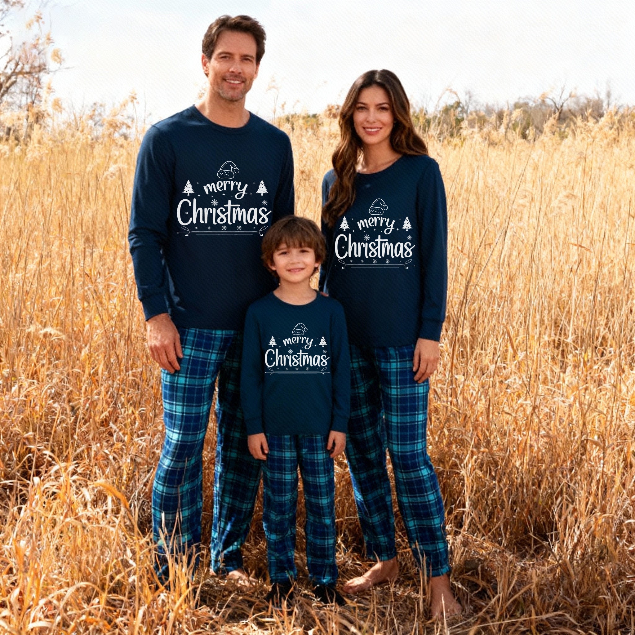 "Merry Christmas" White Letter 2025 Blue Long Sleeve Top With Blue Plaid Family Matching Pajamas