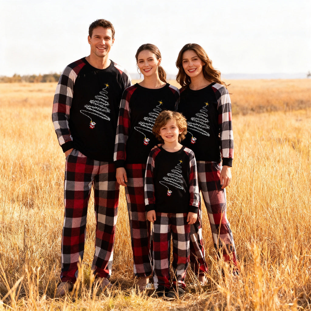 Christmas Santa Claus Print Patterned Casual Long Sleeve Sweatshirts Contrast Tops and Red & Black & White Plaid Pants Family Matching Pajamas Set With Pet Bandana