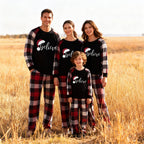 Christmas Hat and ‘Believe“ Letter Print Patterned Plaid Sleeve Contrast Tops and Red & Black & White Plaid Pants Family Matching Pajamas Set With Dog Bandana