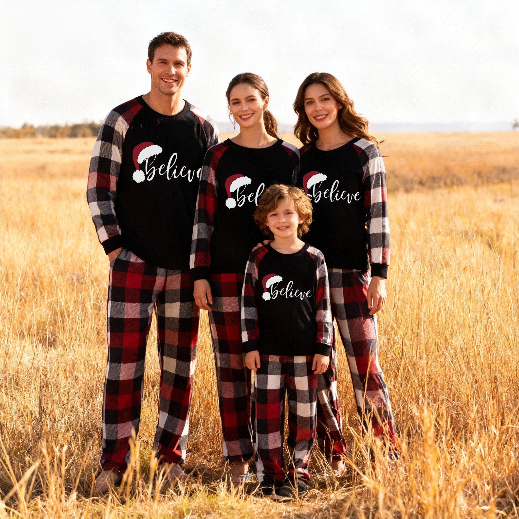 Christmas Hat and ‘Believe“ Letter Print Patterned Plaid Sleeve Contrast Tops and Red & Black & White Plaid Pants Family Matching Pajamas Set With Dog Bandana
