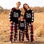 "FAMILY 2025CHRISTMAS  MAKING MEMORIES TOGETHER " Text And Santa Hat Printed Pattern- Black Top with Red&Black&White Plaid Sleeves - Family Matching Pajamas