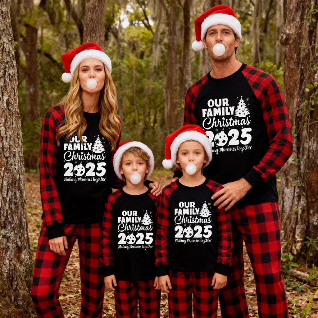 Arrive in 3-5 days - Christmas Tree & "2025 Making Memories Together" Patterned Contrast top and Black & Red Plaid Pants Family Matching Pajamas Set