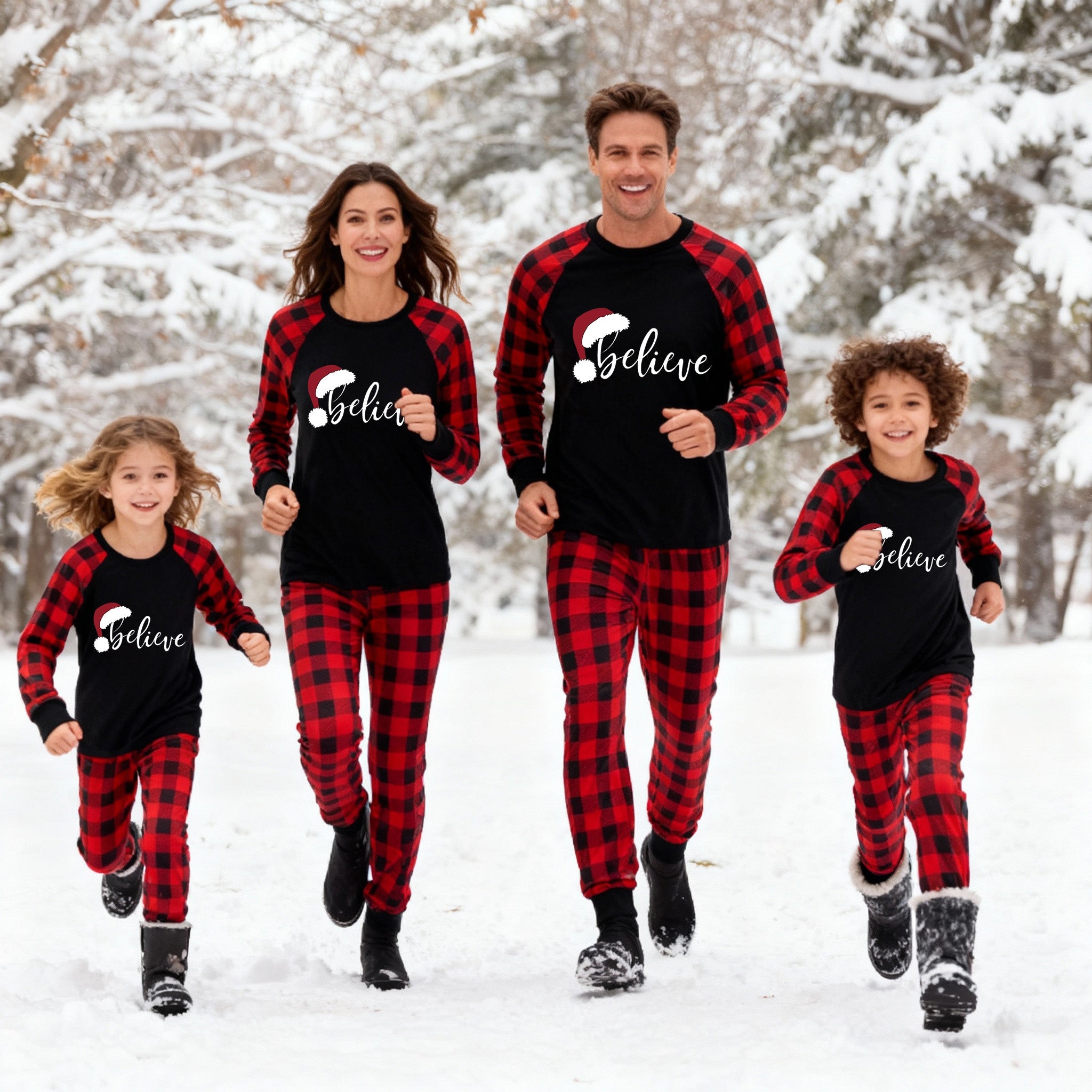 Christmas Hat and 'Believe“ Letter Print Patterned Contrast Black top and Black & Red Plaid Pants Family Matching Pajamas Set