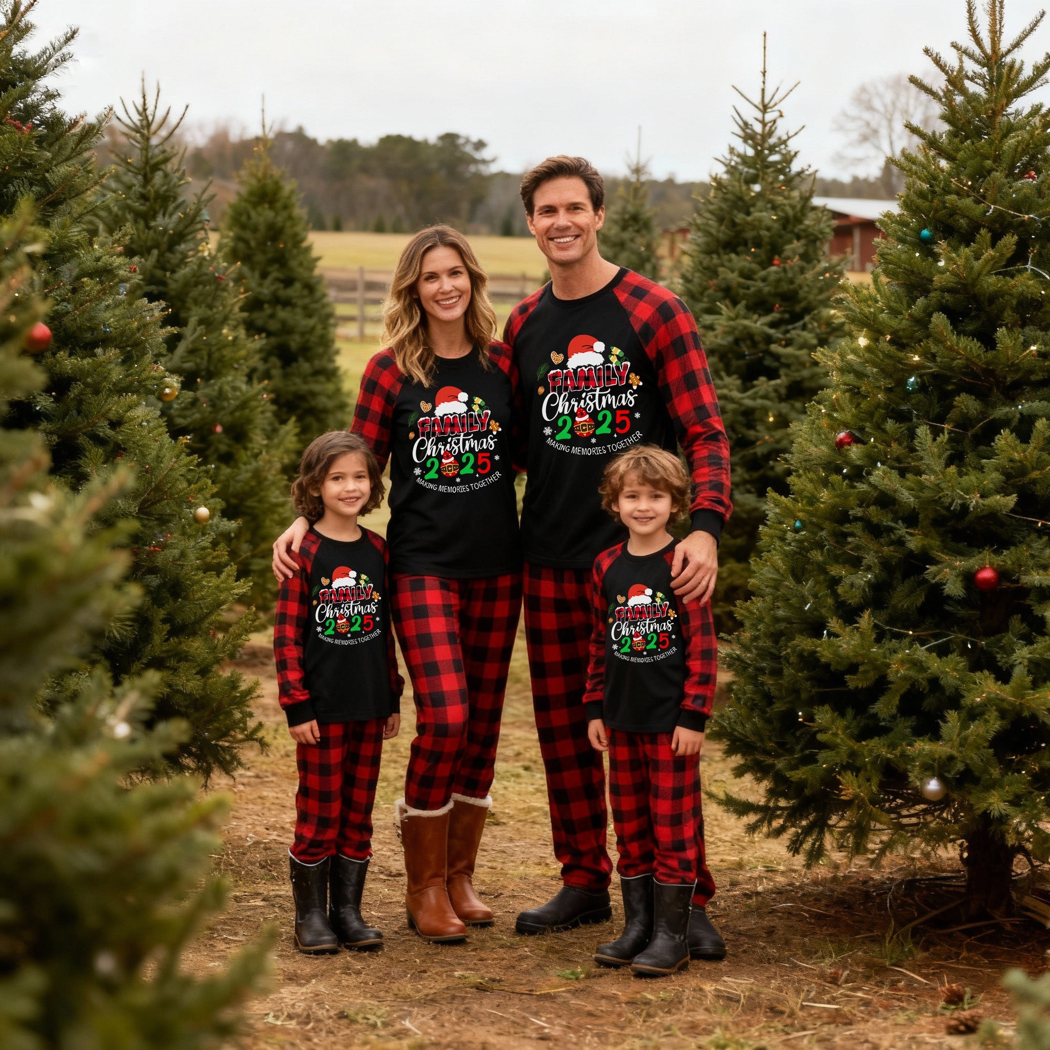 Santa Hat and "2025 Family Christmas" Text Print Black & Red Plaid Christmas Matching Pajamas