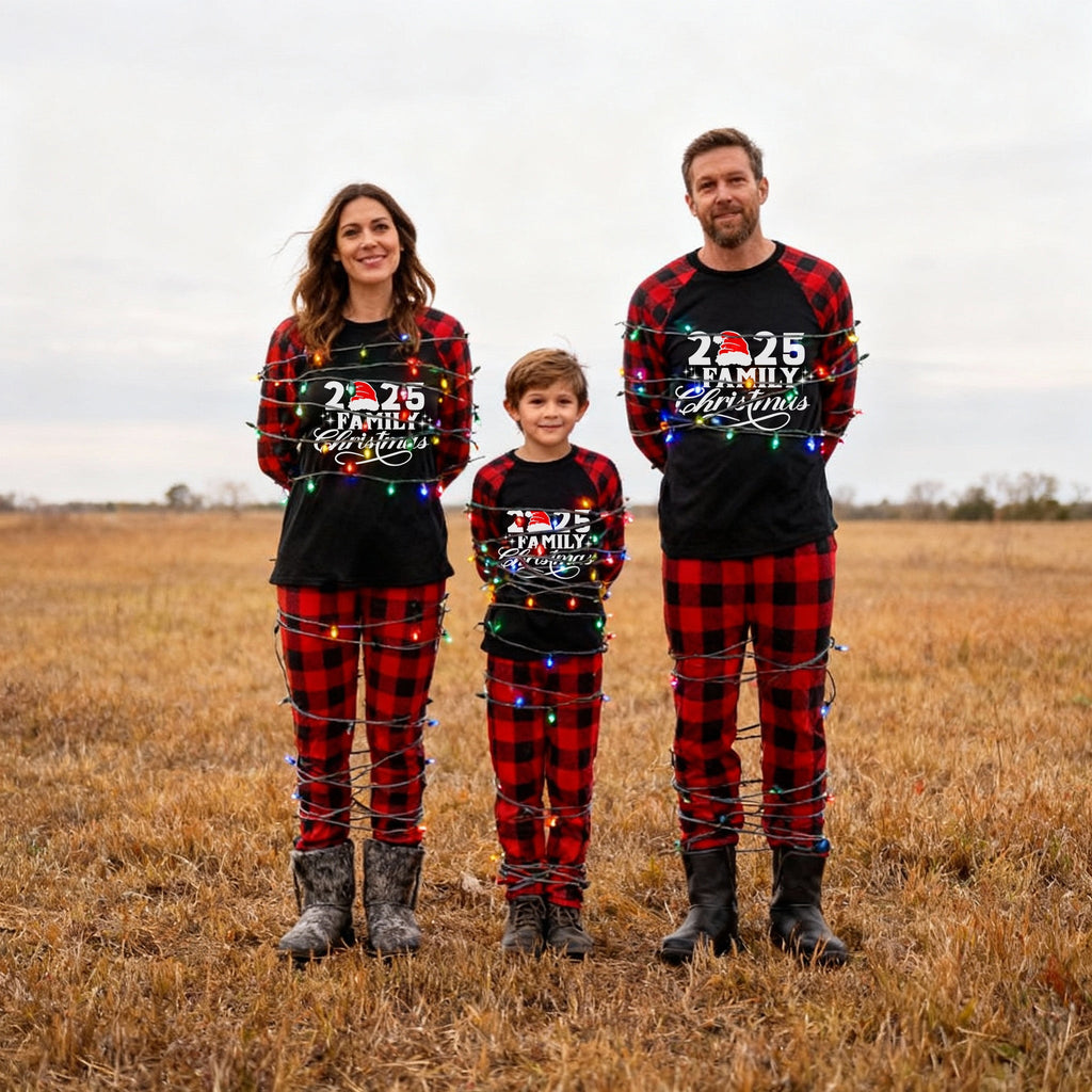 "2025 Family Christmas" Letter Print Black & Red Plaid Family Matching Black Pajamas