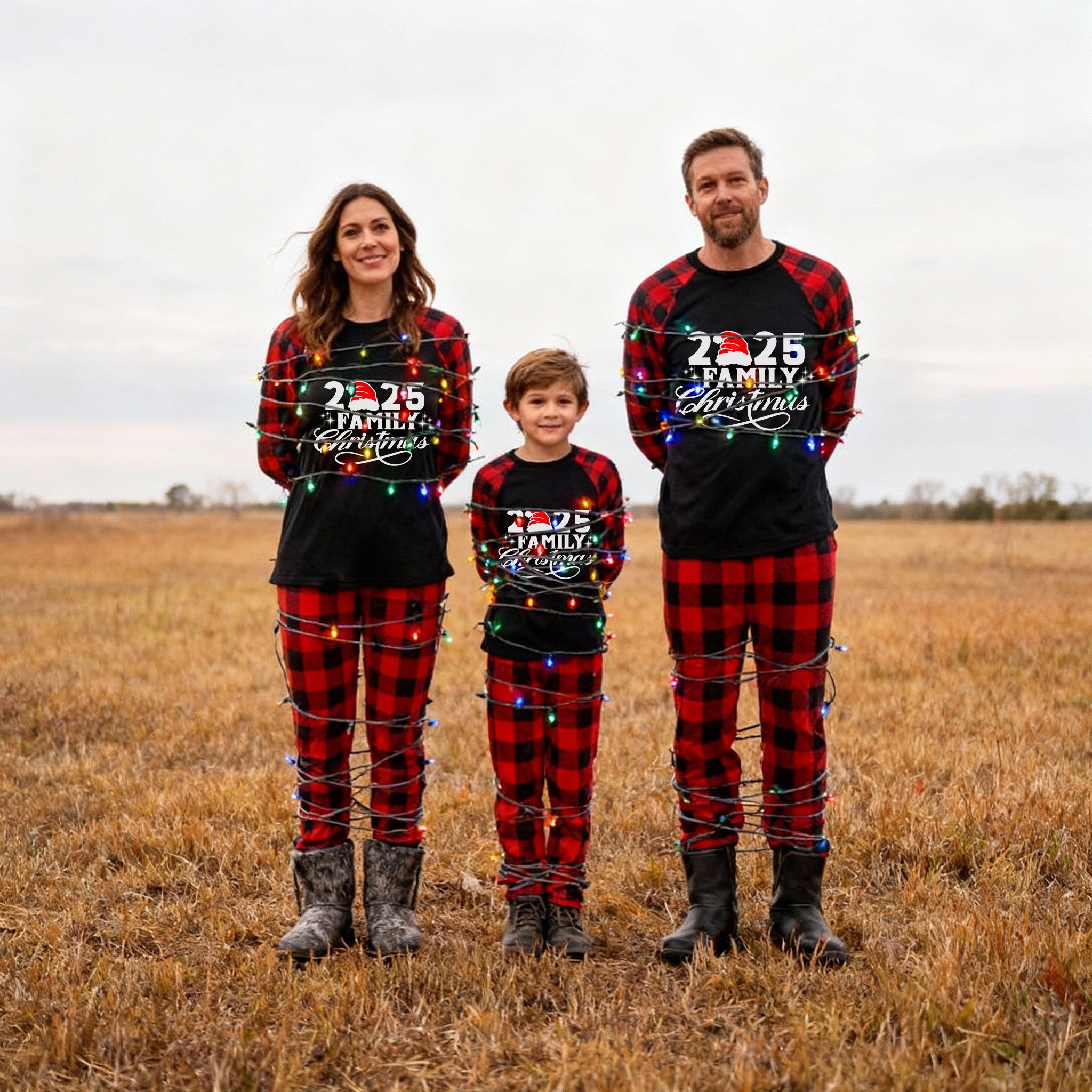 "2025 Family Christmas" Letter Print Black & Red Plaid Family Matching Black Pajamas