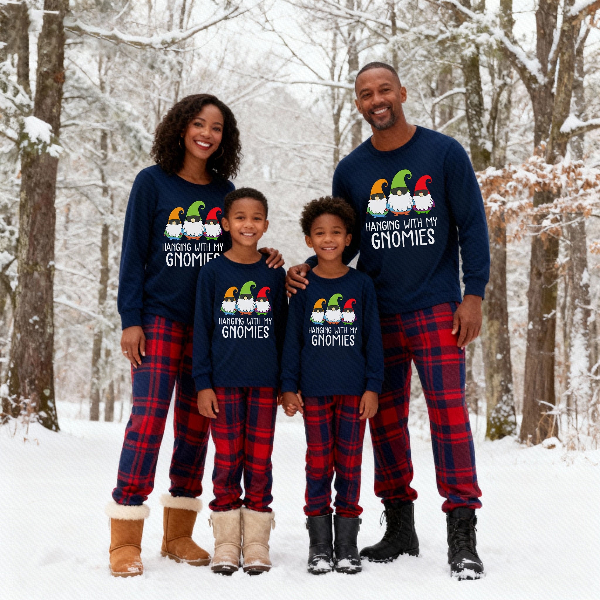 Three Santas "HANGING WITH MY GNOMIES" Monogram Print Blue Long Sleeves Top with Classic Red & Blue Plaid Pants Family Matching Pajamas