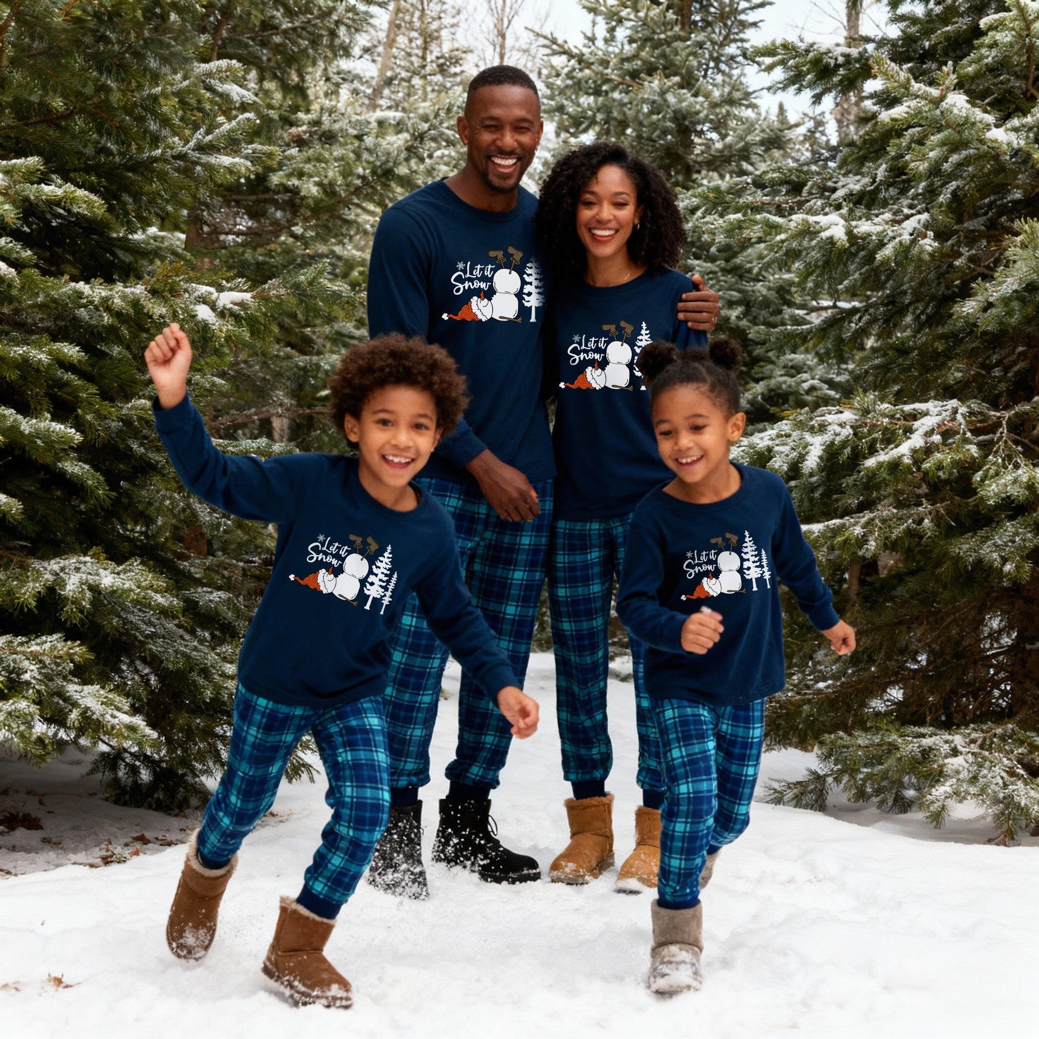 "Let it Snow" Slogan and Snowman Printed Blue Plaid Christmas Family Matching Pajamas