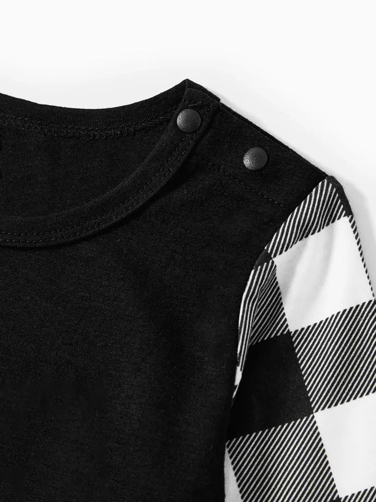 "2025 FAMILY CHRISTMAS" Text and Sleigh Pattern - Black Long Sleeve Top with Black And White Plaid Pants Family Matching Pajamas