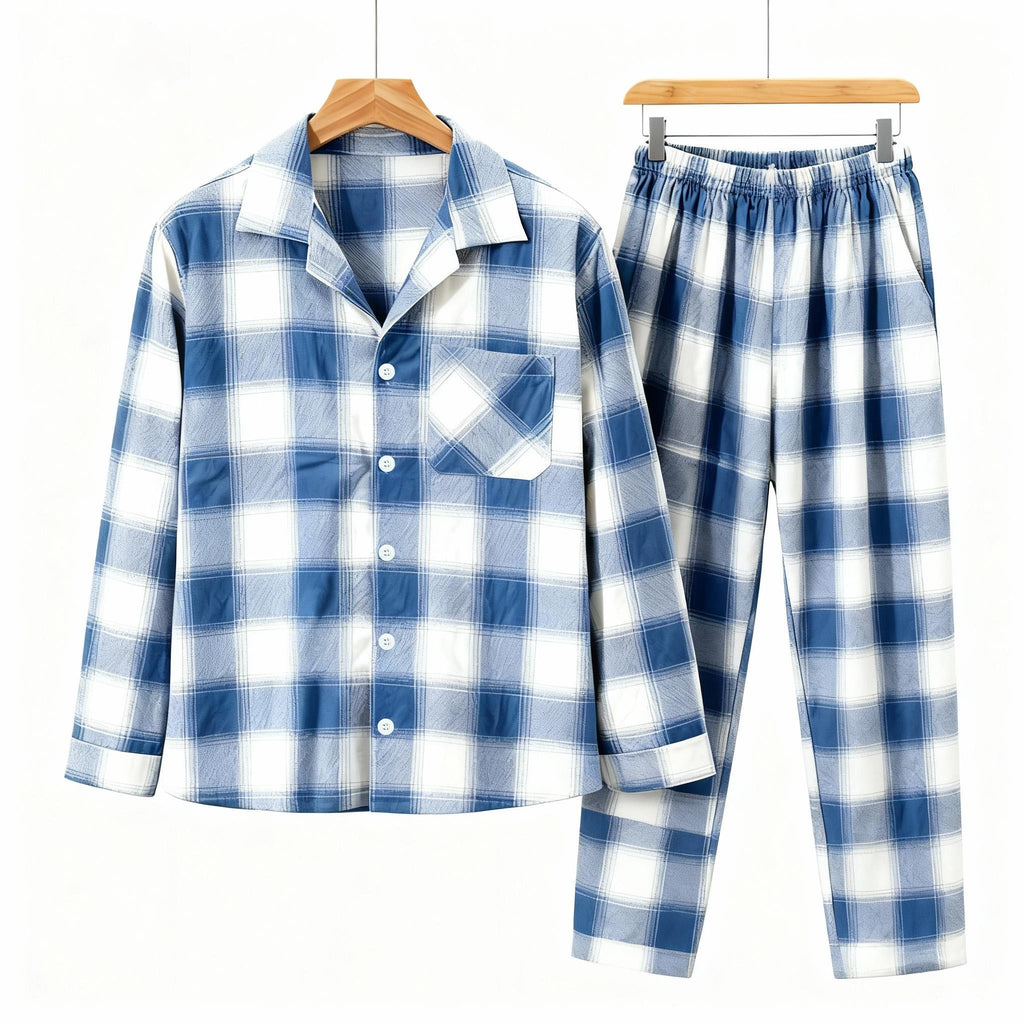 Family Matching Pajamas Blue and White Plaid Cotton Set
