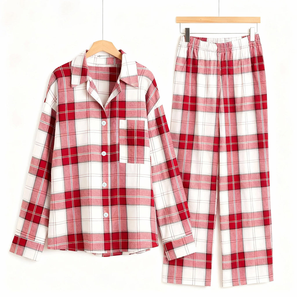 Matching Family Sleepwear Red White Plaid Christmas Pajamas Set