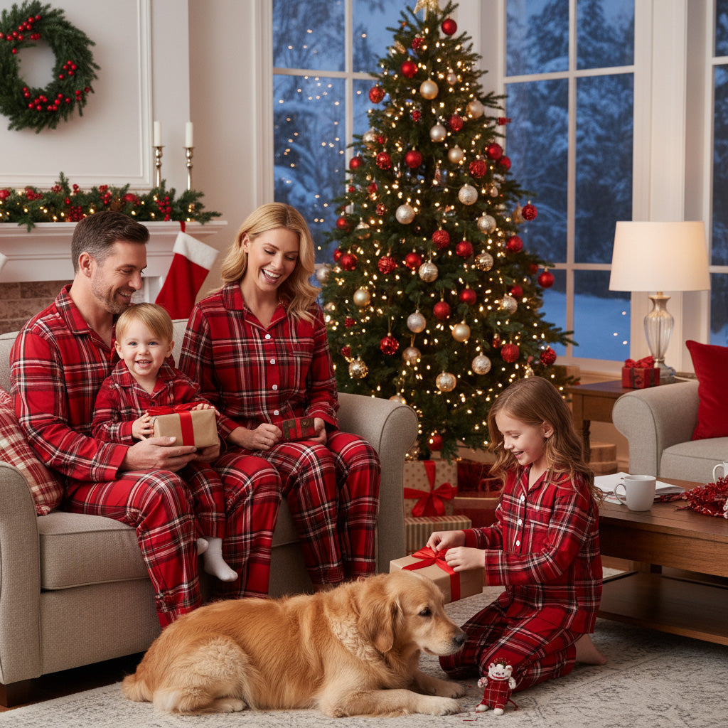 Family Christmas Cotton Red Plaid Pajamas Set