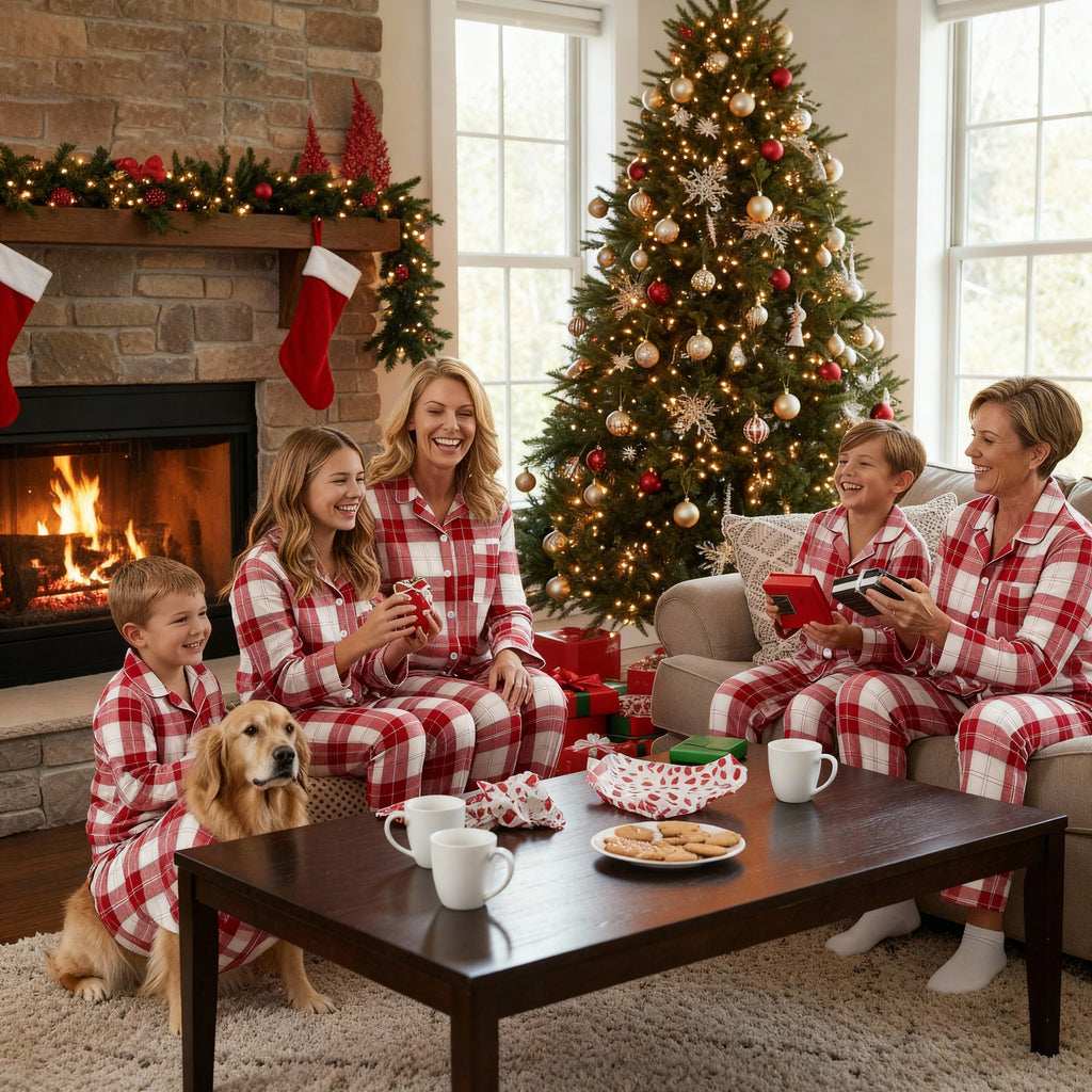 Matching Family Sleepwear Red White Plaid Christmas Pajamas Set