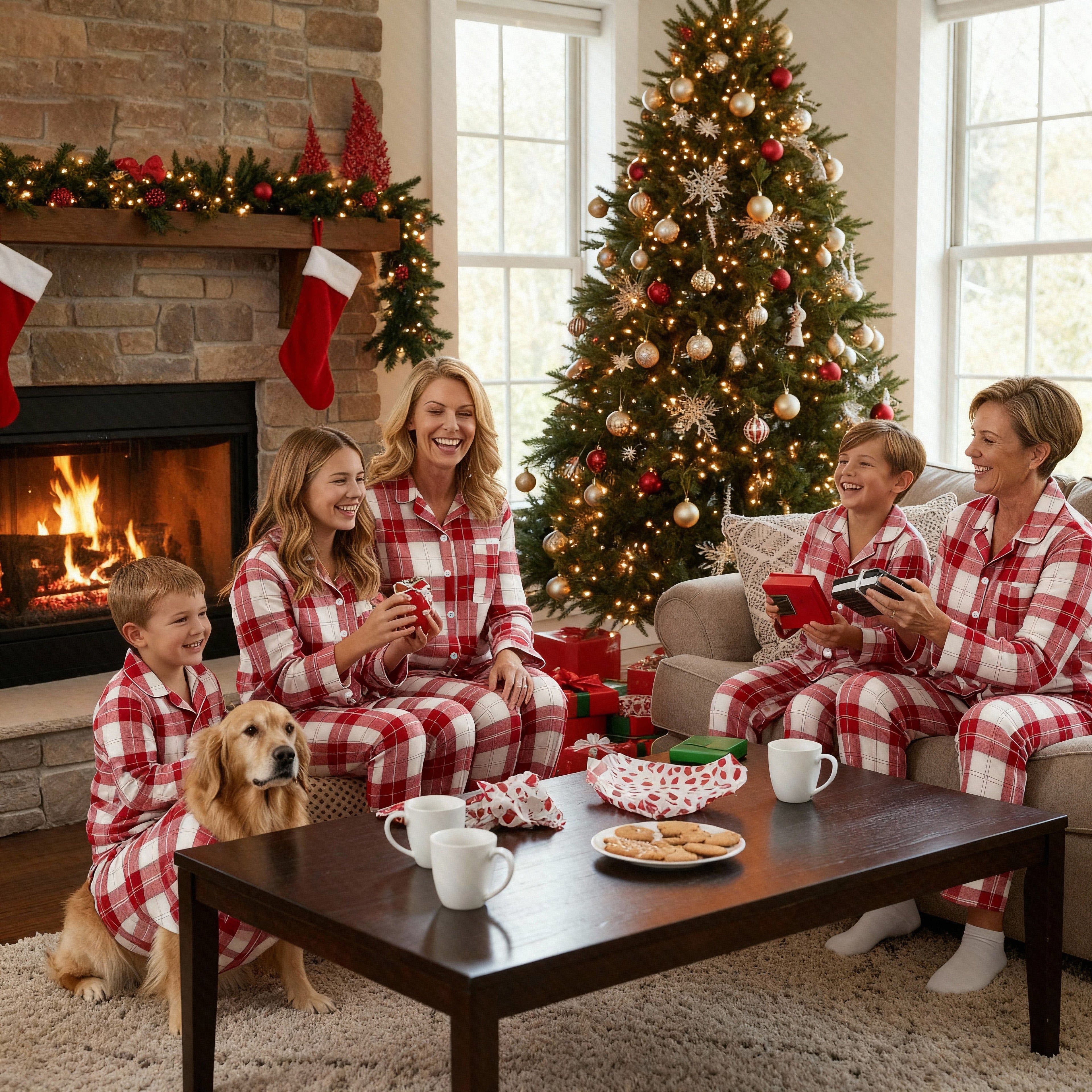 Matching Family Sleepwear Red White Plaid Christmas Pajamas Set