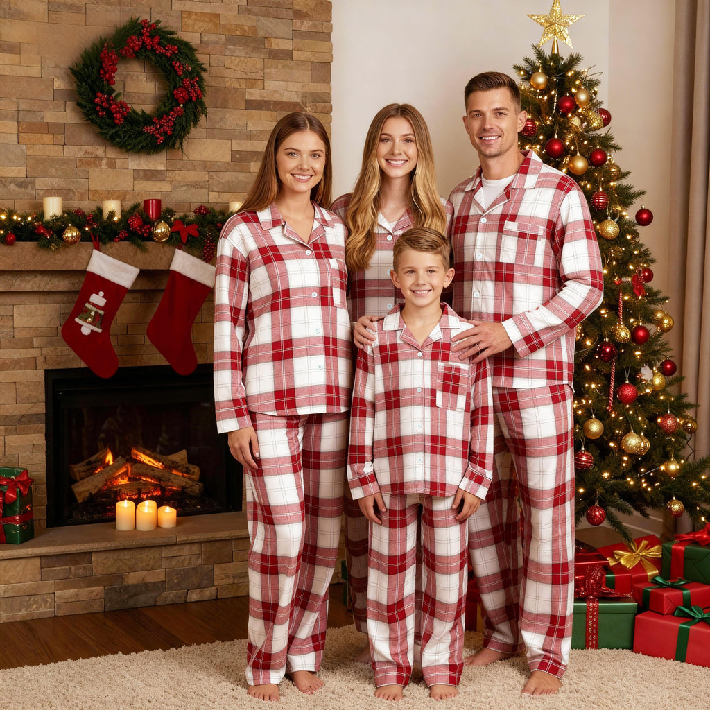 Matching Family Sleepwear Red White Plaid Christmas Pajamas Set