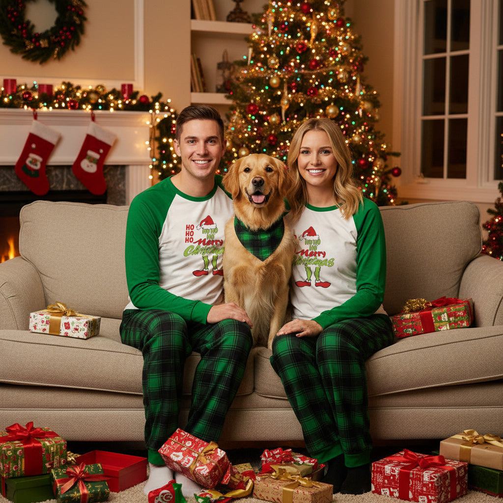 Green Raglan Top Green Plaid Christmas Pajamas Set With “HO HO HO ”Funny Cartoon Print