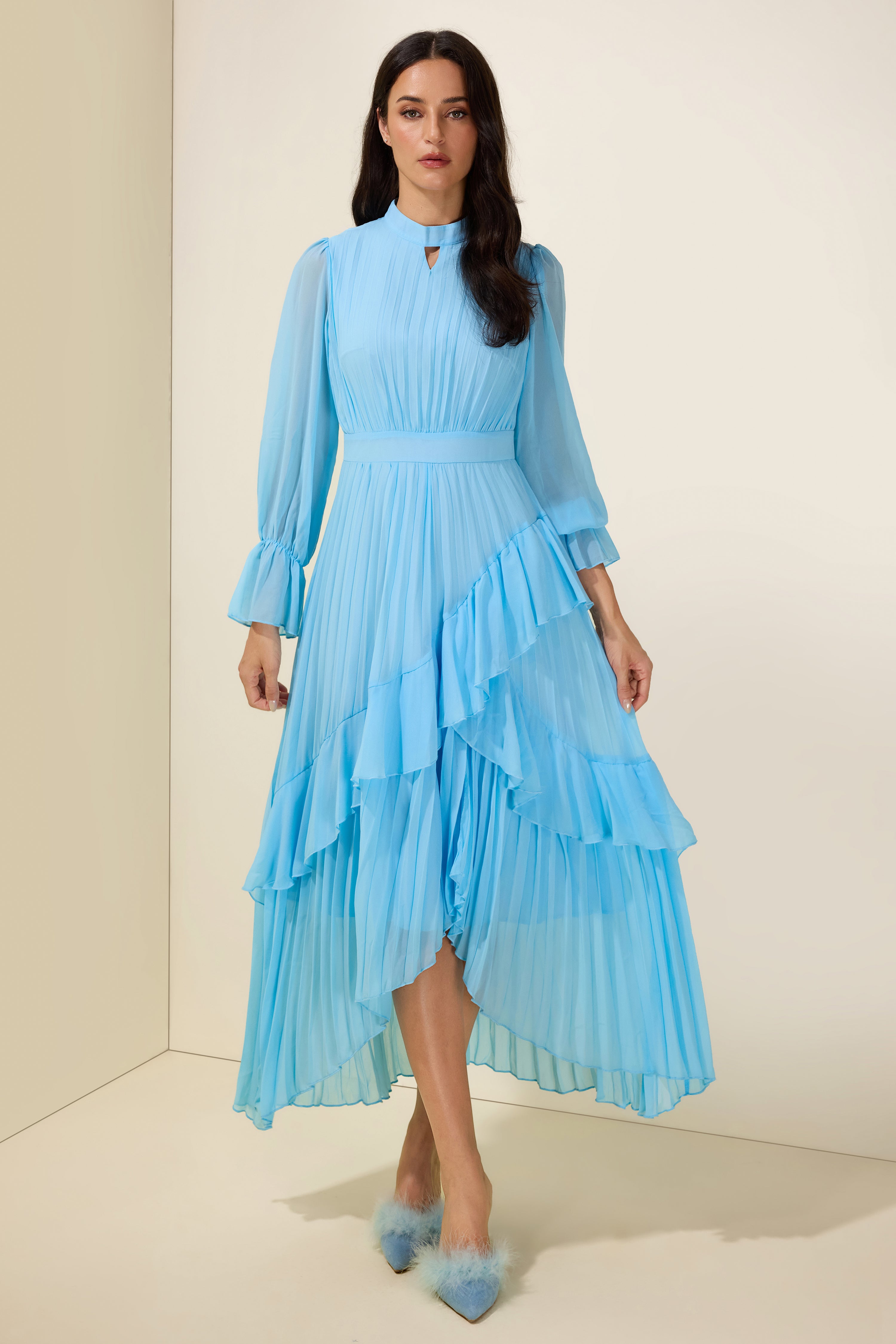 Chiffon Ruffle Pleated Midi Dress