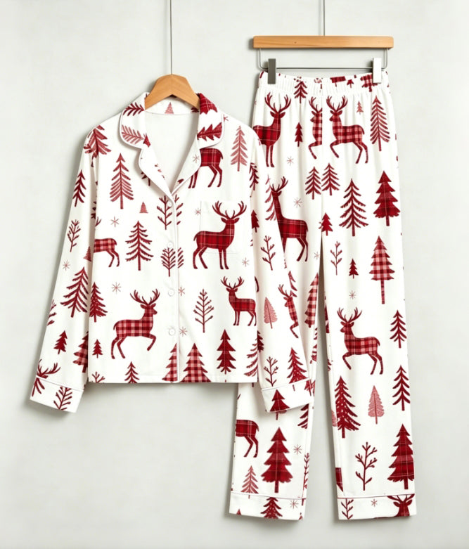 Rustic Plaid Reindeer & Woodland Pine Matching Family Pajama Set, Button-Down Cotton Loungewear