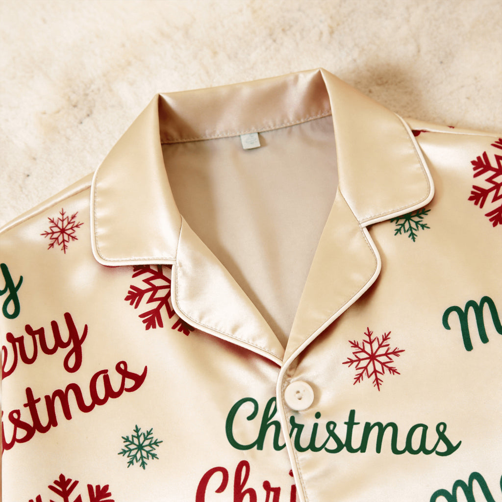 Merry Christmas Snowflake Satin Matching Pajamas for Couples – Long Sleeve Button-Down Top & Pants Sleepwear Set