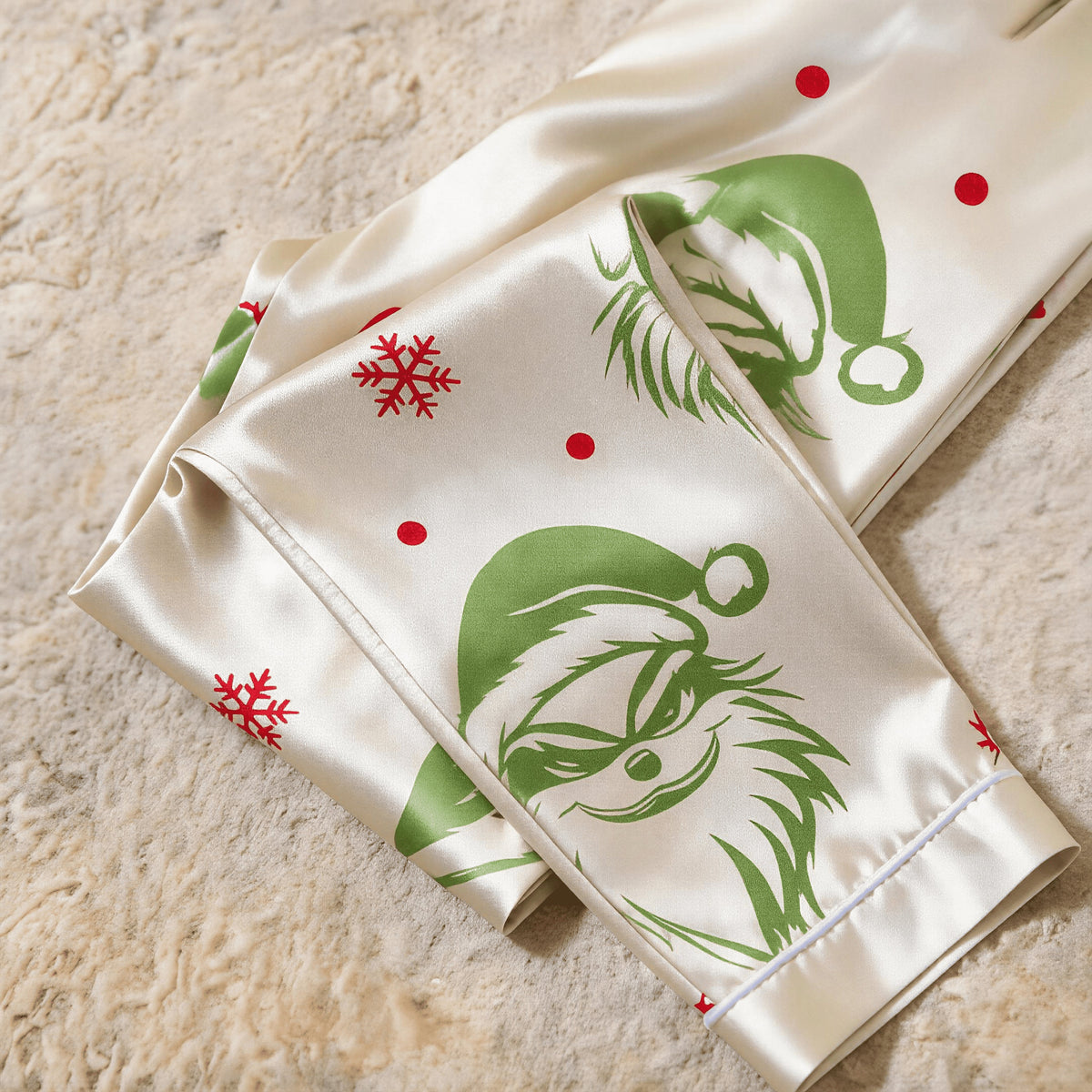 Green Bearded Face & Snowflake Print Satin Button-Up Family Christmas Pajamas Set