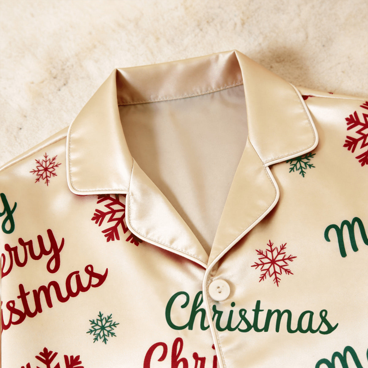 Merry Christmas Script & Snowflake Print Satin Button-Up Family Pajamas Set