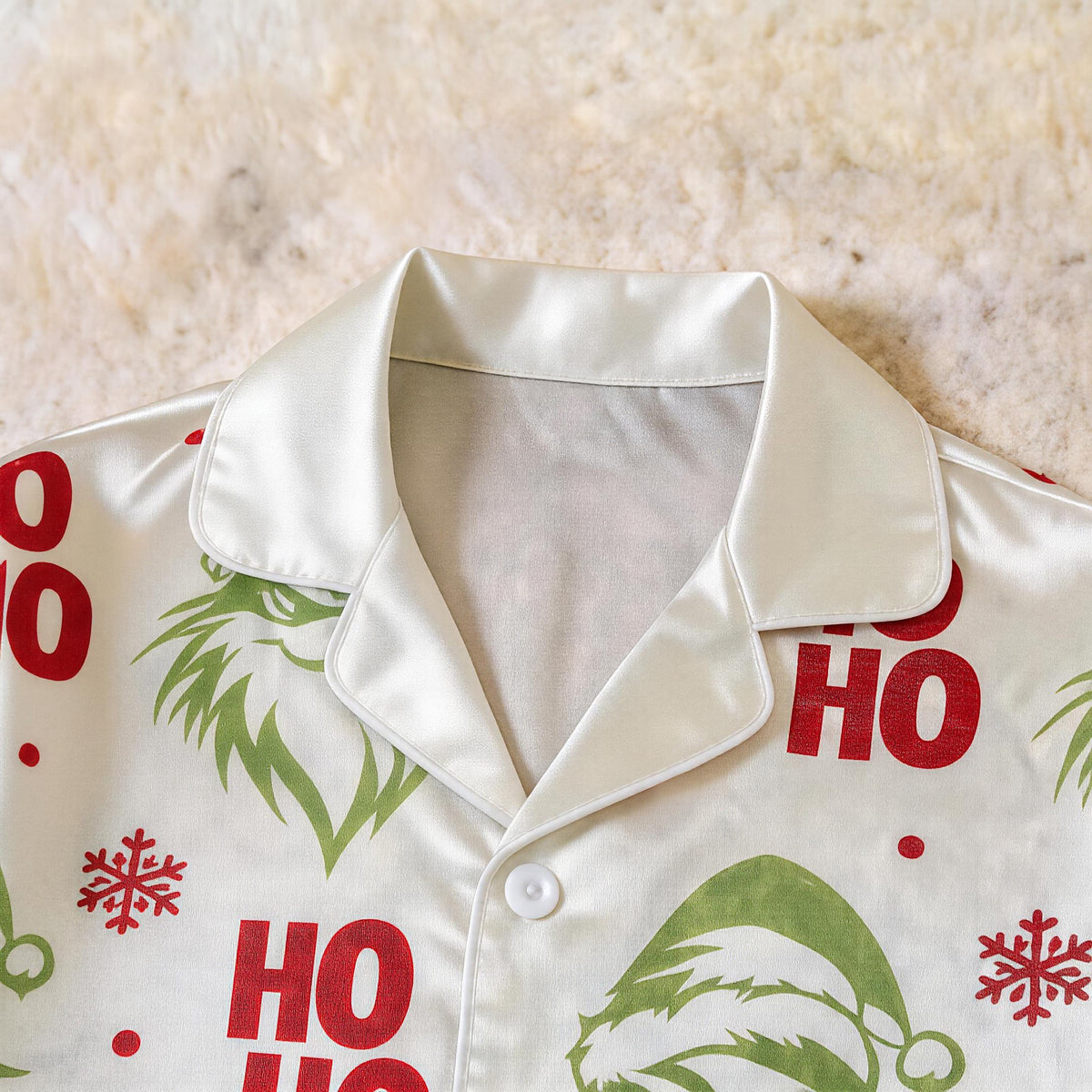 Green Face & Ho Ho Text Print Satin Button-Up Family Christmas Pajamas Set