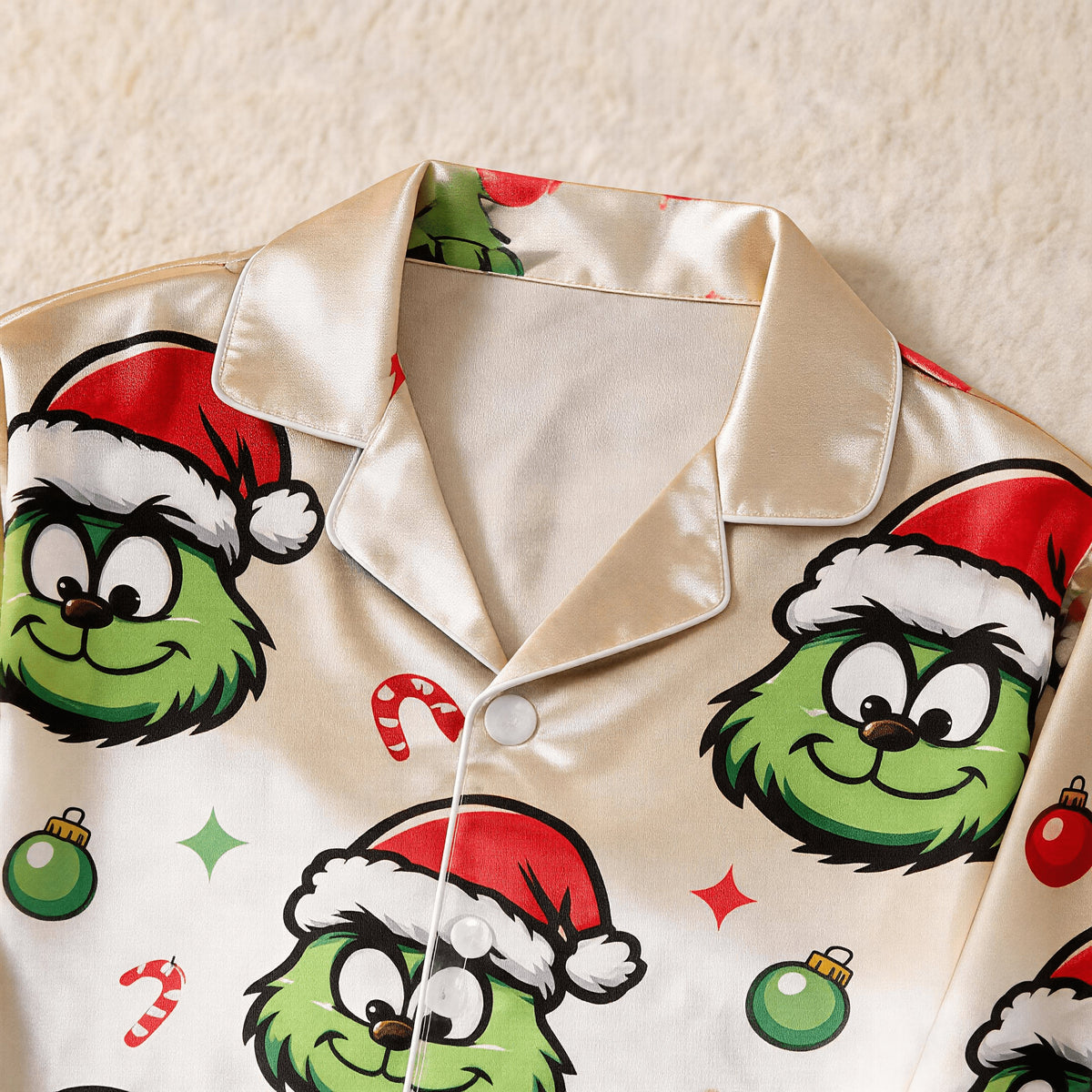 Smiling Green Face & Santa Hat Print Satin Button-Up Family Christmas Pajamas Set