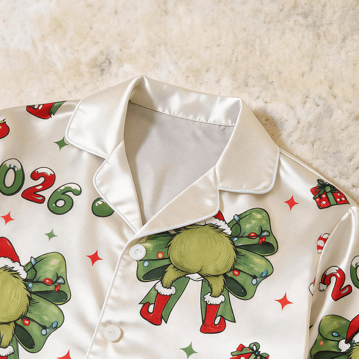 2026 Green Bow & Santa Hat Print Satin Button-Up Family Christmas Pajamas Set