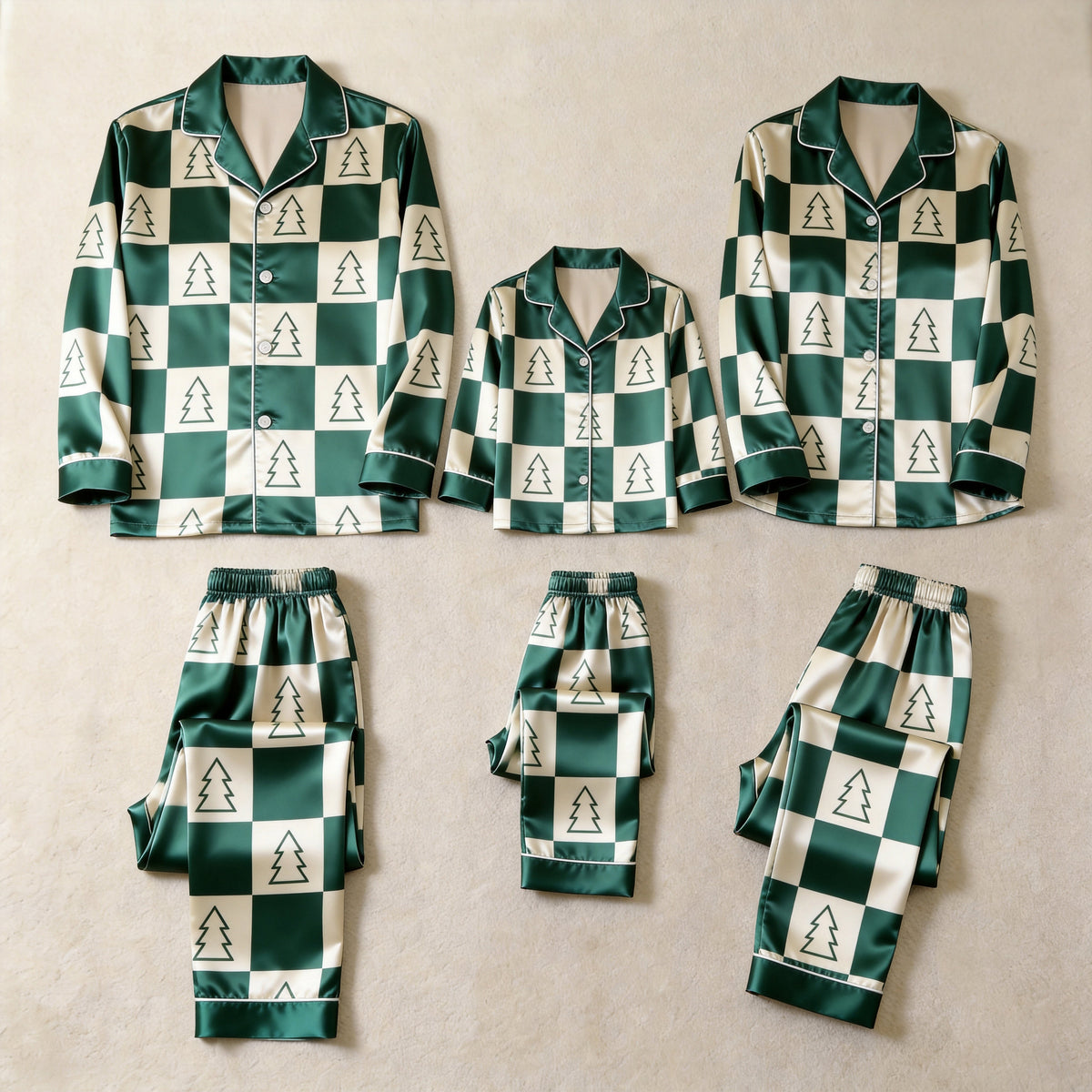 Green Satin Checkerboard Christmas Tree Family Matching Pajamas Set Long Sleeve Button-Down Festive Sleepwear