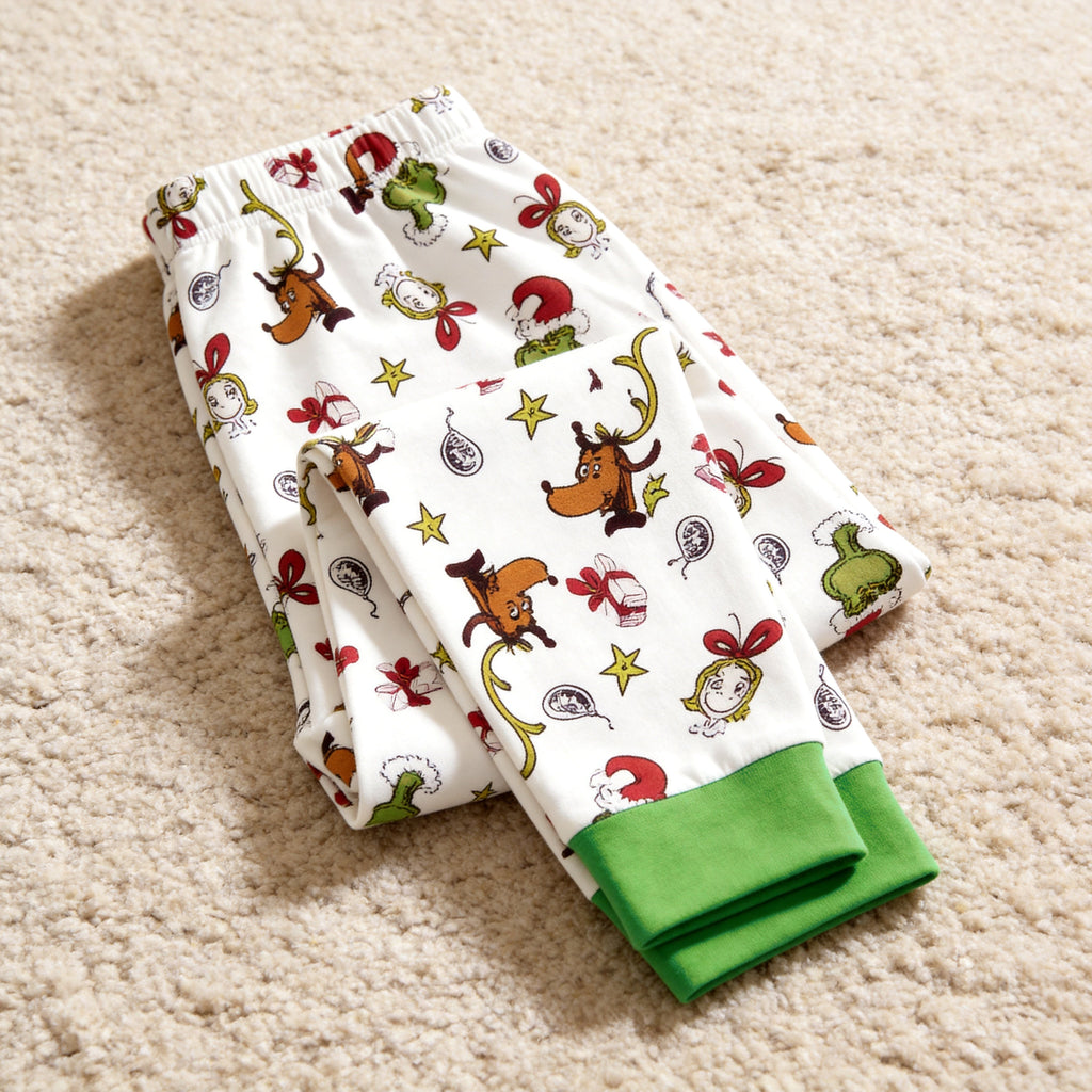 Green Grinch Christmas Family Matching Pajamas Set with Santa Hat Graphic Top and Print Pants