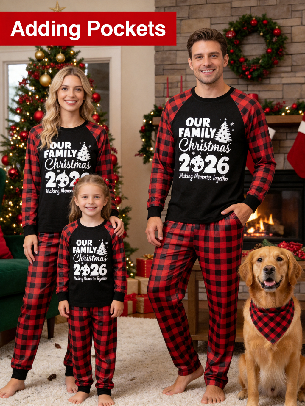Christmas Tree & "2026 Making Memories Together" Patterned Contrast top and Black & Red Plaid Pants Couple Matching Pajamas Set