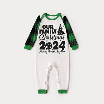 Christmas Tree & "2024 Making Memories Together" Patterned Green Sleeve Contrast Tops and Black and Green Plaid Pants Family Matching Raglan Long-sleeve Pajamas Sets With Dog Bandana