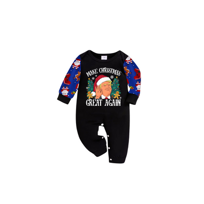 Christmas Cartoon Trump Make Christmas Great Again Family Pajamas Set - Black Top, Blue Pants, Santa Pattern