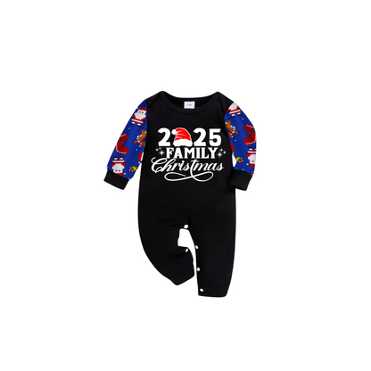 Christmas 2025 Santa Family Matching Family Pajamas Set - Black Top, Blue Pants, Santa Print Pattern