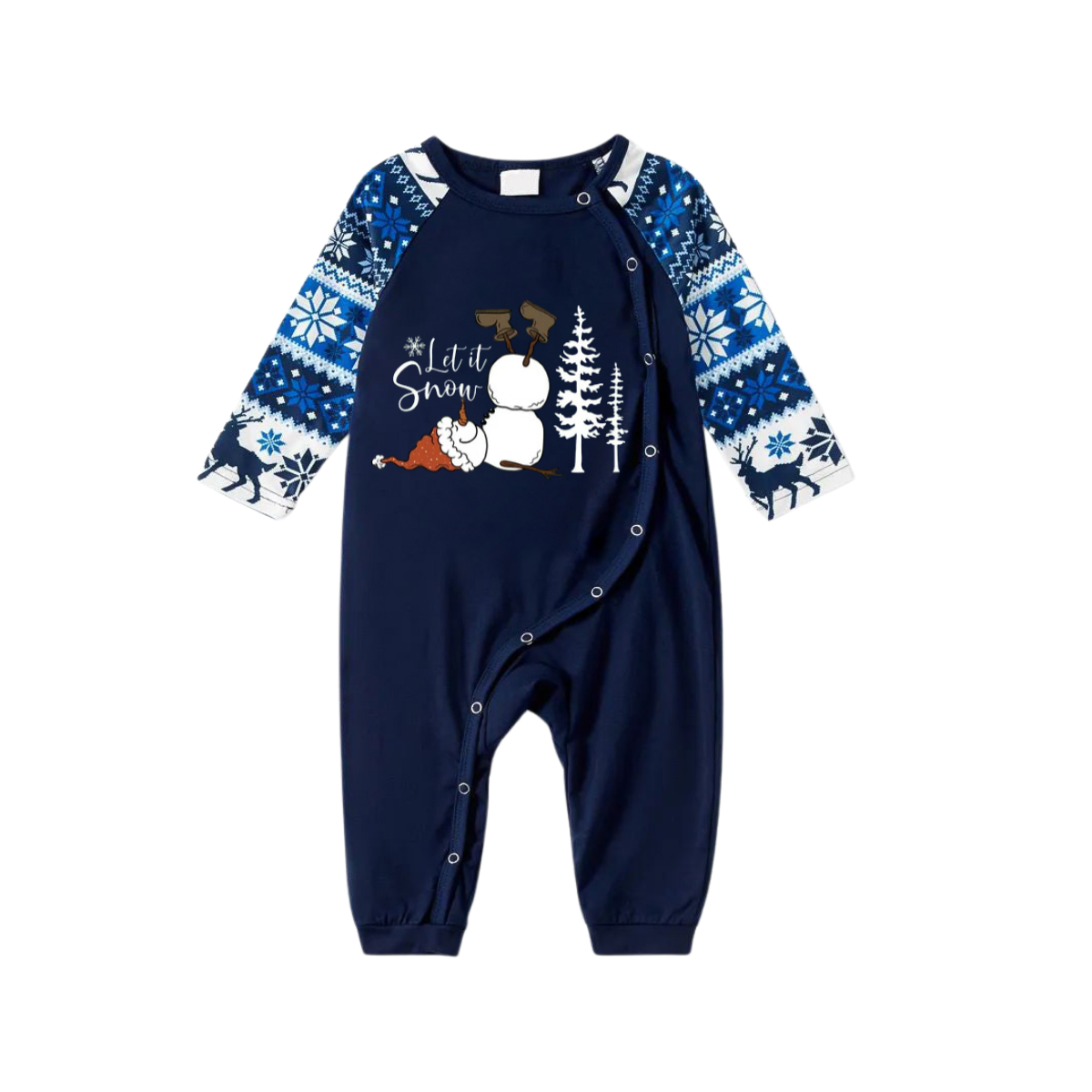 "Let it Snow" Slogan and Snowman Printed Blue Christmas Matching Pajamas