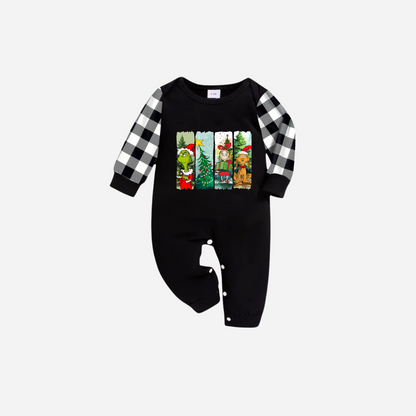 Christmas Cartoon Family Christmas Pajamas Set - Black Top with Black and White Plaid Pants