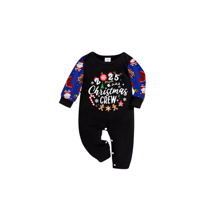 Christmas Crew 2025 Family Pajamas Set - Black Top, Blue Pants, Blue Christmas Cartoon Sleeves, Gingerbread Candy Print
